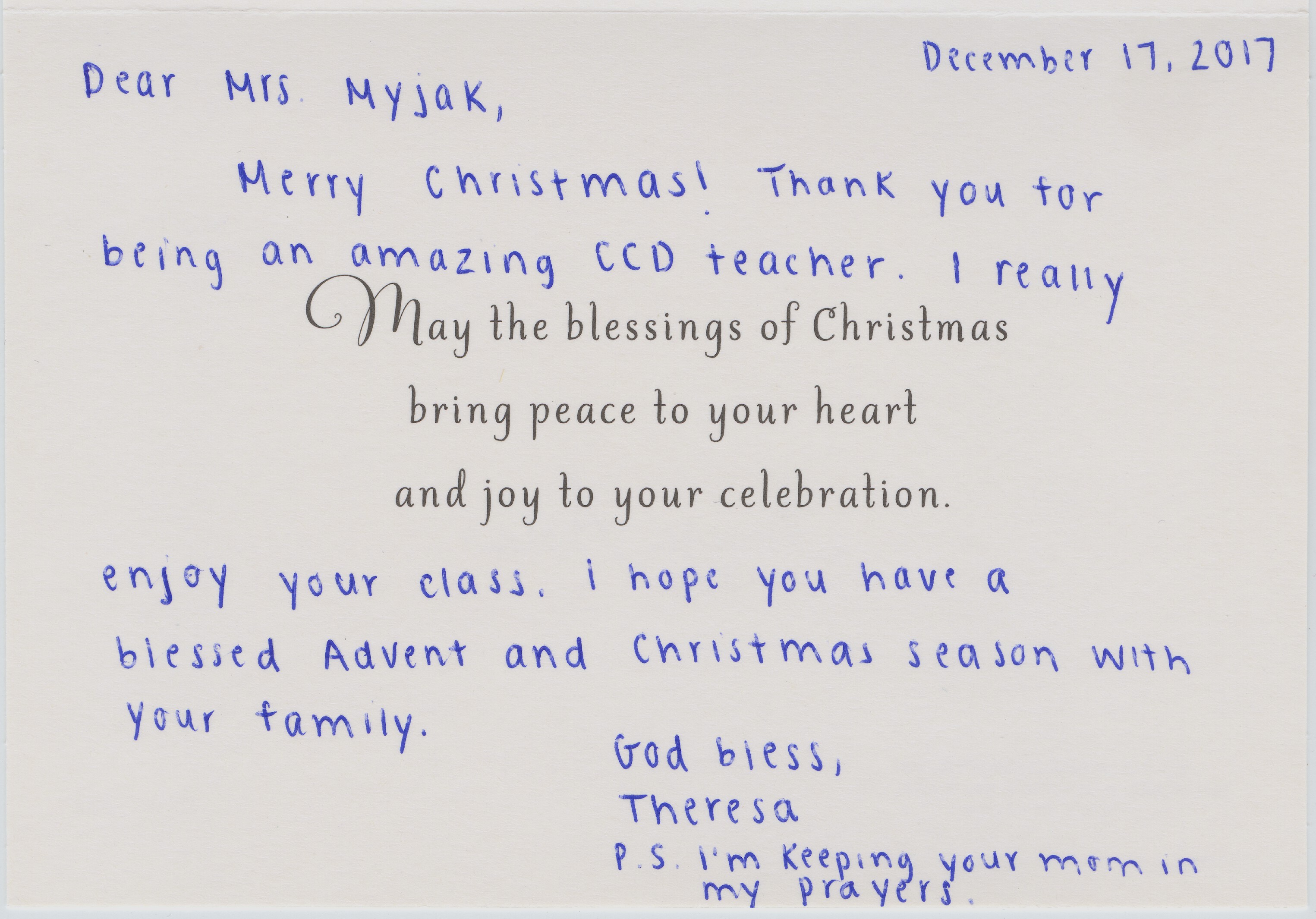 Thank you for being an amazing CCD teacher. I really enjoy your class.